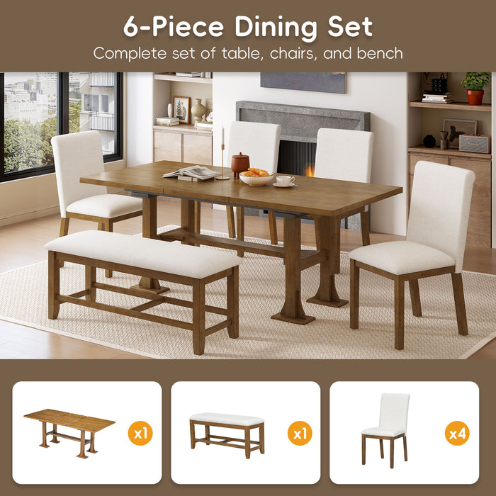 Topmax - 6 Piece Farmhouse Extendable Dining Table Set Trestle Kitchen Table Set With Removable Leaf And Upholstered Dining Chair And Bench For Dining Room