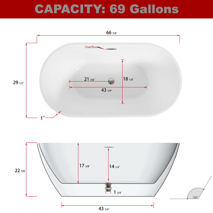 Smooth Acrylic Freestanding Soaking Bathtub With Chrome Overflow And Drain, Cupc Certified 22A09-67 - White