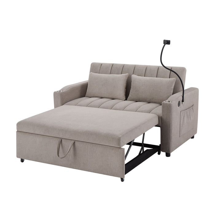 Convertible Sofa Bed Loveseat Sofa With Three USB Ports, Two Side Pockets, Two Cup Holders And 360° swivel Phone Holder For Living Room