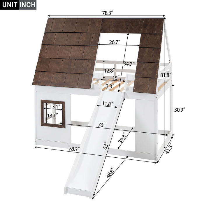 Wood Twin Size House Bunk Bed With Roof, Ladder And Slide - White / Brown