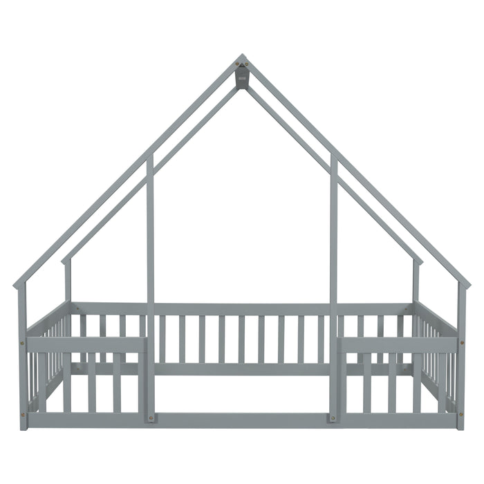 Wood House-Shaped Floor Bed With Fence, Guardrails