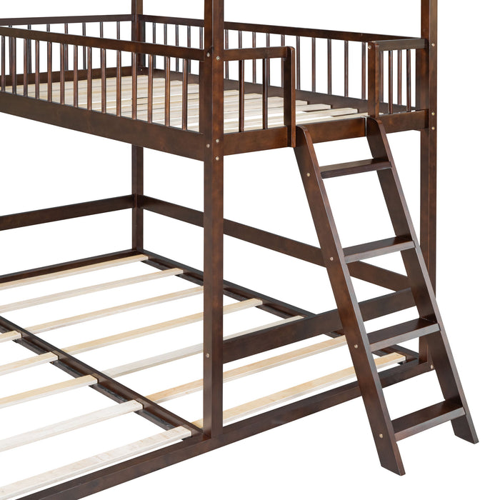 Twin Over Twin-Twin House Bunk Bed With Extending Trundle And Ladder - Espresso