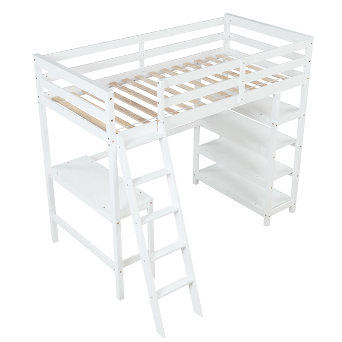 Twin Loft Bed With Desk, Ladder, Shelves