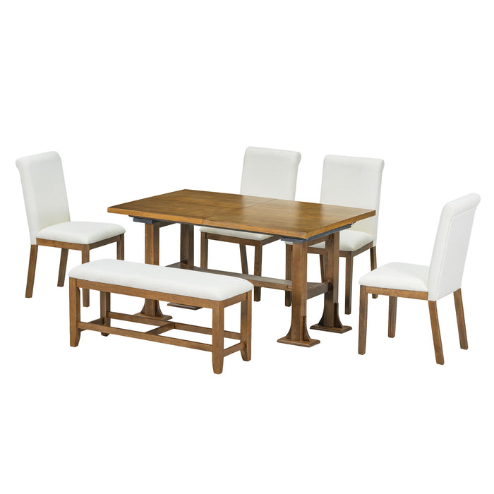 Topmax - 6 Piece Farmhouse Extendable Dining Table Set Trestle Kitchen Table Set With Removable Leaf And Upholstered Dining Chair And Bench For Dining Room