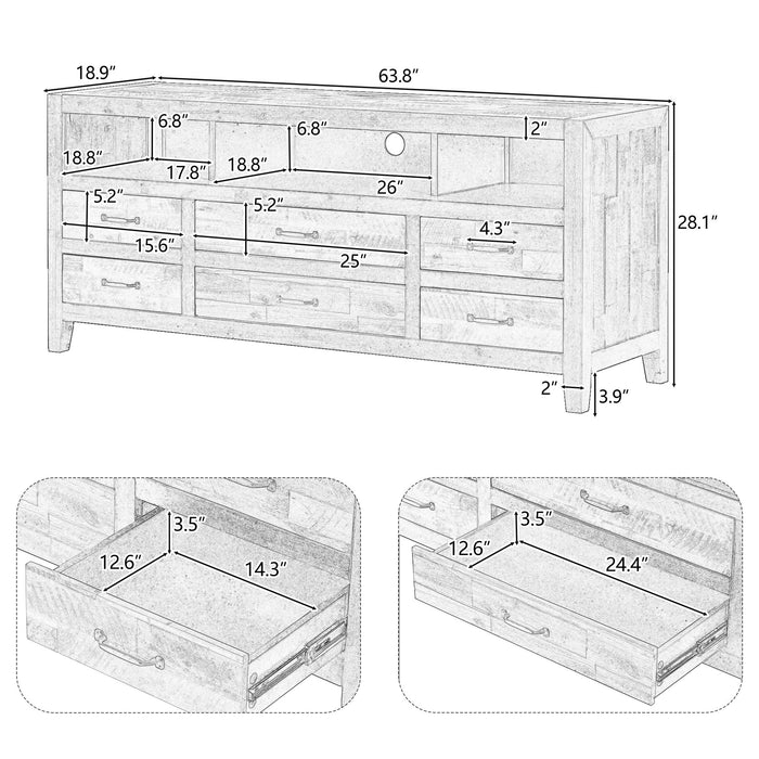 Retro Distressed Wooden TV Stand For TVs Up To 65", Entertainment Center Media Console With 6 Drawers And 3 Shelves For Living Room