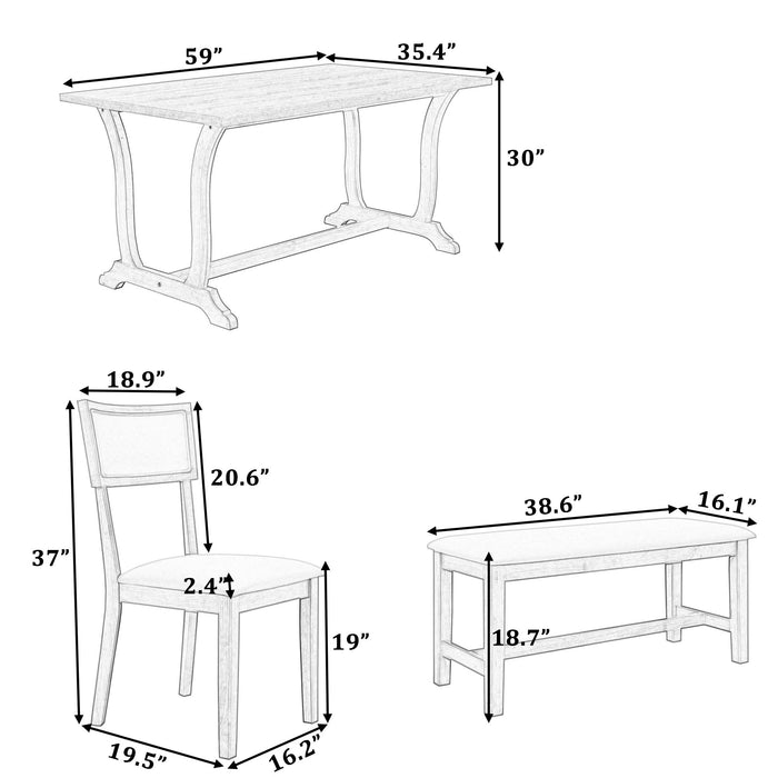 Topmax - 6 Piece Farmhouse Trestle Dining Table Set With Upholstered Dining Chairs And Bench - White