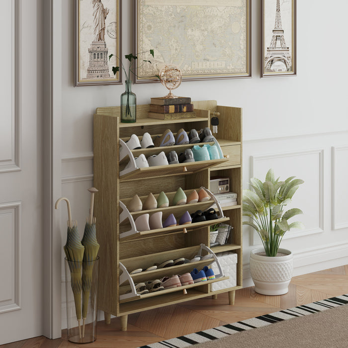 Natural Bohemia Style Shoe Cabinet, Shoe Rack Cabinet With 3 Rattan Flip Drawers, 3 Square Shelves And 1 Storage Drawer, Shoe Organizer With Mulit Storage Space And Hooks For Hallway, Entryway