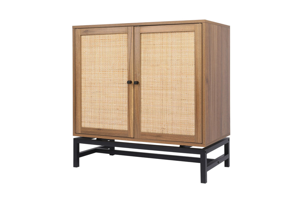 2 Door Cabinet, With 1 Adjustable Inner Shelves, Rattan, Accent Storage Cabinet (Set of 2) - Walnut