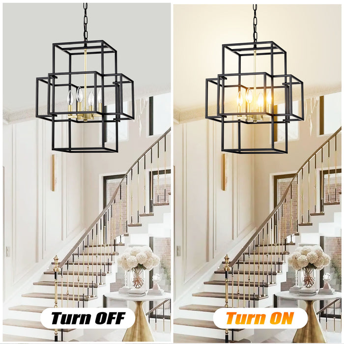 4 Light Metal Lantern Tiered Pendant Hanging Light Fixtures, Industrial Farmhouse Adjustable Height Chandeliers For Dining Room Hallway Foyer Entryway (E12 Bulbs Not Included)