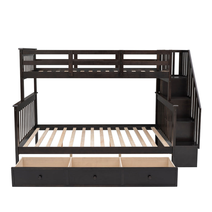 Twin Over Full Stairway Bunk Bed With Drawer, Storage And Guard Rail For Bedroom, Dorm, For Adults