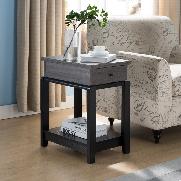 Sofa Side Table, Home Contemporary Table With Drawer And Bottom Shelf - Distressed Grey & Black
