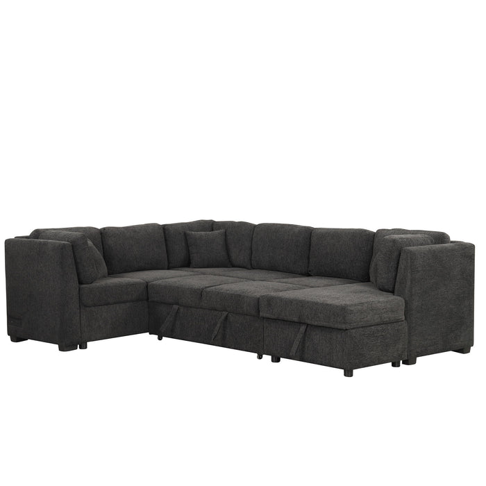 U-Shaped Sectional Sofa Pull Out Sofa Bed With Two USB Ports, Two Power Sockets, Three Back Pillows And A Storage Chaise For Living Room