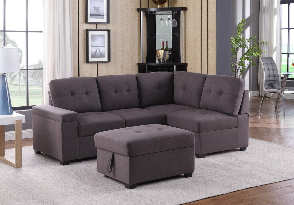 Katie - Linen Sleeper Sectional Sofa With Storage Ottoman, Storage Arm - Brown