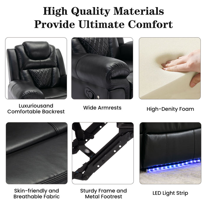 Home Theater Seating Manual Recliner Chair With Center Console And Led Light Strip For Living Room