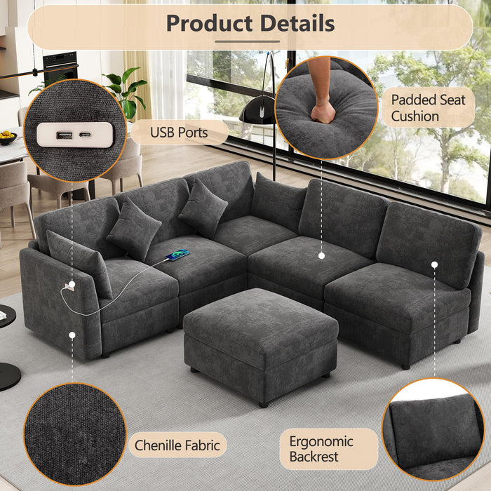 Sectional Sofa Modular Sofa U - Shaped Sofa Couch Sofa Bed L - Shaped Sofa With A Movable Ottoman And Two USB Ports For Living Room