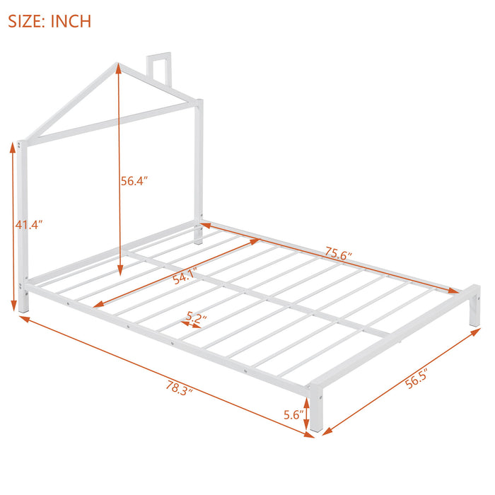 Full Size Metal Platform Bed With House-Shaped Headboard Design