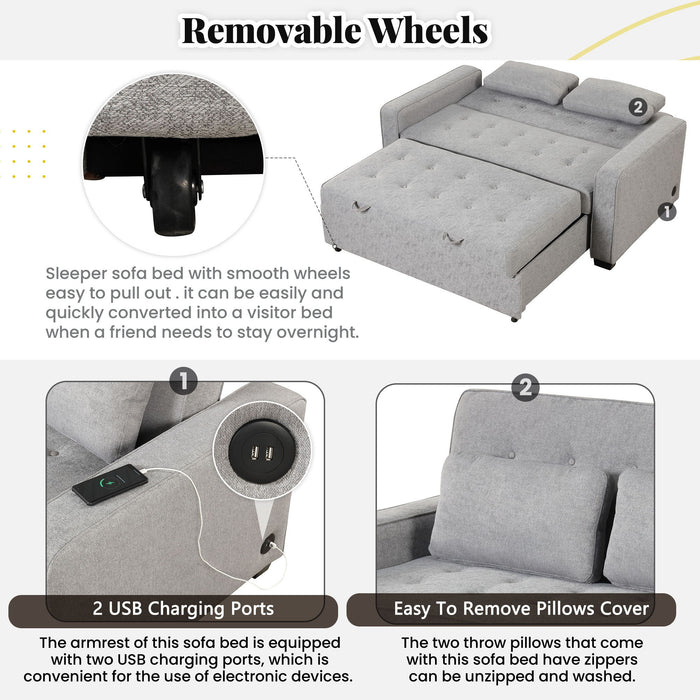 Upholstered Sleeper Bed, Pull Out Sofa Bed Couch Attached Two Throw Pillows, Dual USB Charging Port And Adjustable Backrest For Living Room Space