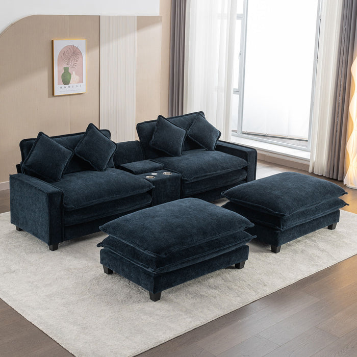 Sectional Sofa Chenille Upholstered Sofa With Two Removable Ottoman, Two USB Ports, Two Cup Holders And Large Storage Box For Living Room