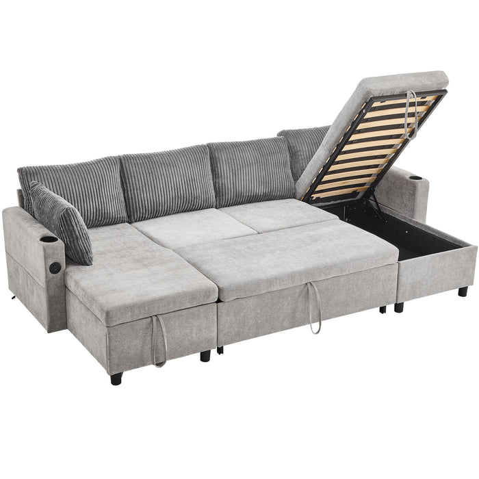 Sectional Sofa Pull Out Sofa Bed Versatile Sofa Sleeper With Large Storage Space, Two USB Ports And Two Cup Holders For Living Room