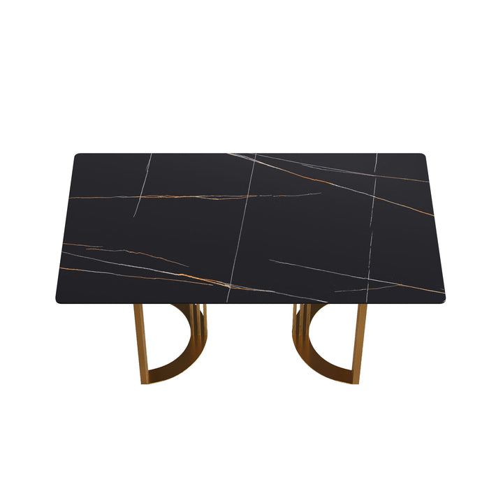 63" Modern Artificial Stone Black Straight Edge Golden Metal Leg Dining Table, 6 People - Black