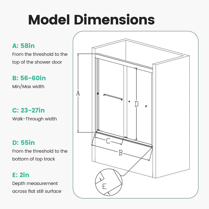 Semi-Frameless Double Sliding Tub Door, Bypass Bathtub Shower, 1 / 4" (6Mm) Thick SGCC Tempered Glass Door - Black