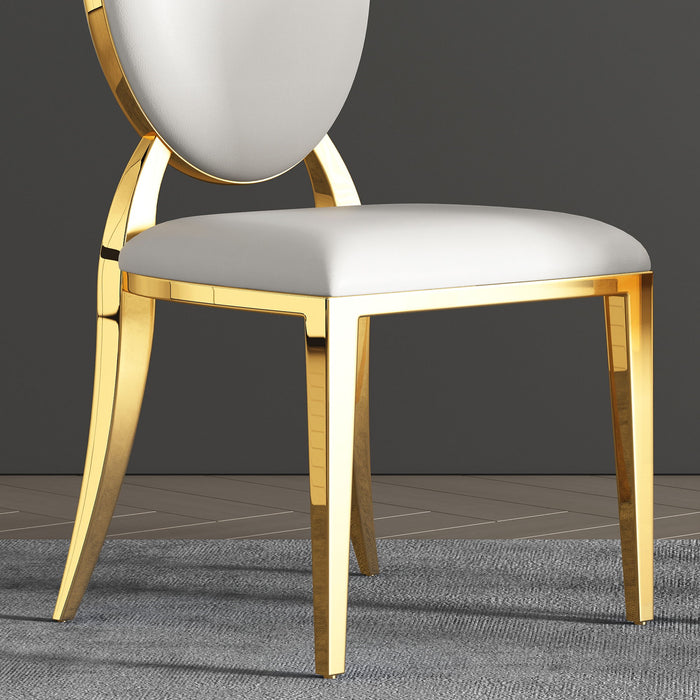 Leatherette Dining Chair (Set of 2), Oval Backrest Design And Stainless Steel Legs - White / Gold