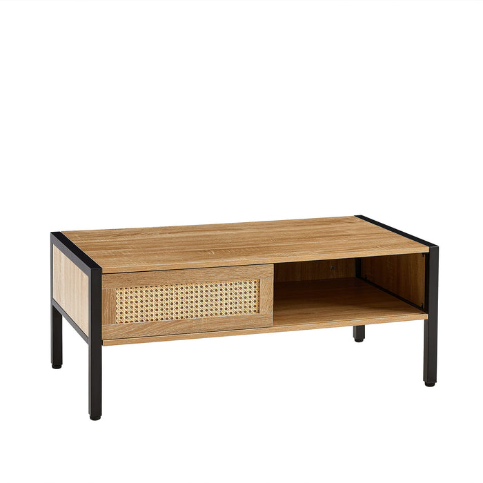 40.16" Rattan Coffee Table, Sliding Door For Storage, Metal Legs, Modern Table For Living Room