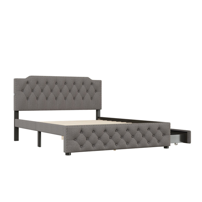 Upholstered Platform Bed With 2 Drawers And 2 Sets Of USB Ports On Each Side, Linen Fabric