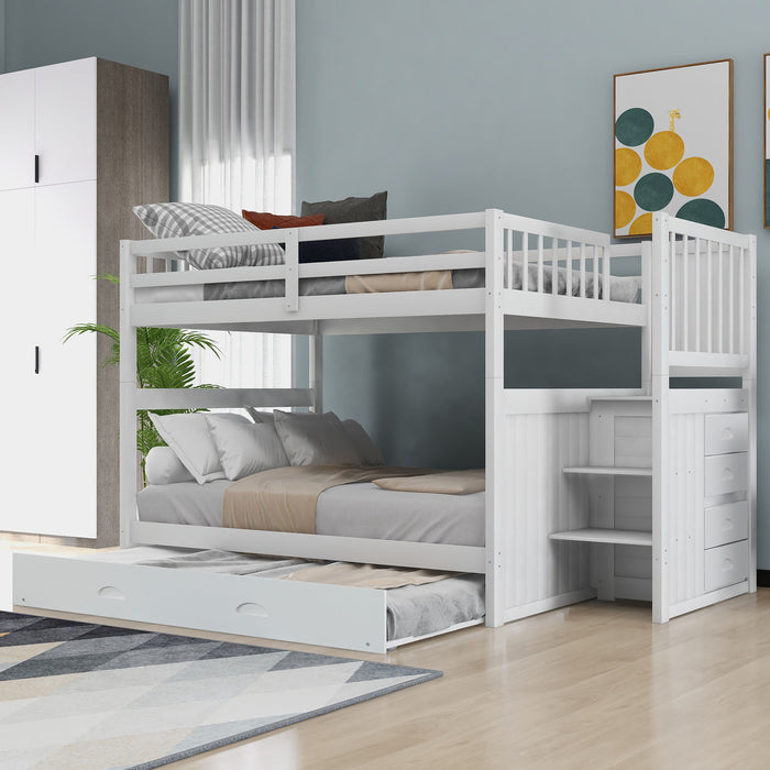 Full Over Full Bunk Bed With Twin Size Trundle And Staircase - White