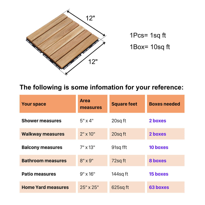 Interlocking Deck Tiles Striped Pattern, Square Acacia Hardwood Outdoor Flooring For Patio, Bancony, Pool Side