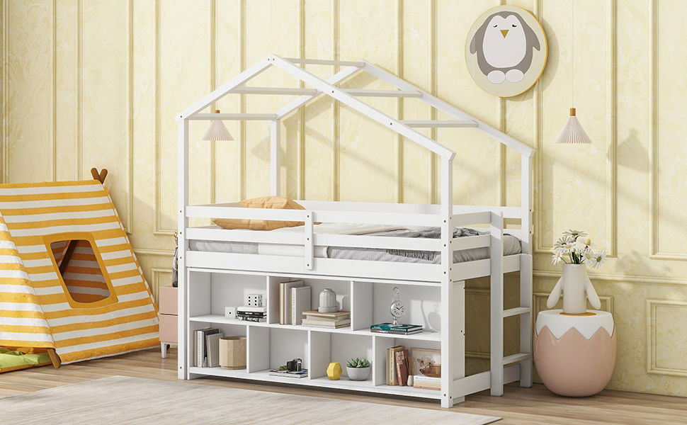 House Loft Bed With Roof Frame, Under Bed Shelving Storage Unit, Guardrails, Ladder