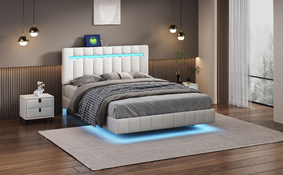 Queen Size Floating Bed Frame With LED Lights And USB Charging, Modern Upholstered Platform LED Bed Frame - White