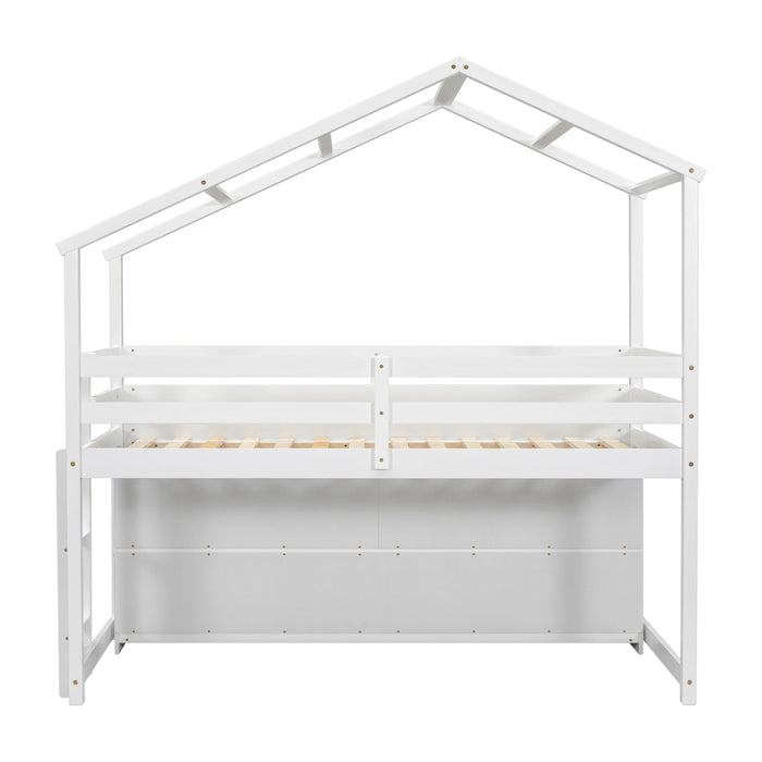 House Loft Bed With Roof Frame, Under Bed Shelving Storage Unit, Guardrails, Ladder