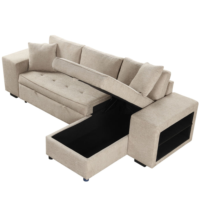 Modern L-Shape 3 Seat Reversible Sectional Couch, Pull Out Sleeper Sofa With Storage Chaise And 2 Stools For Living Room Furniture Set