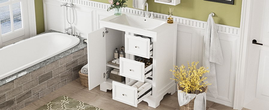 Bathroom Vanity Cabinet With Ceramic Basin, 3 Drawers And Adjustable Shelves