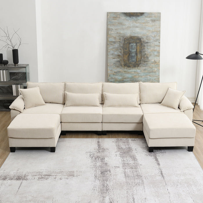 Corduroy Modular Sectional Sofa, U Shaped Couch With Armrest Bags, 6 Seat Freely Combinable Sofa Bed, Comfortable And Spacious Indoor Furniture For Living Room - Beige