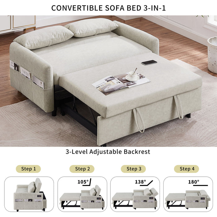 Pull Out Sleep Sofa Bed Loveseats Sofa Couch With Adjsutable Backrest, Storage Pockets, 2 Soft Pillows, USB Ports For Living Room, Bedroom, Apartment, Office