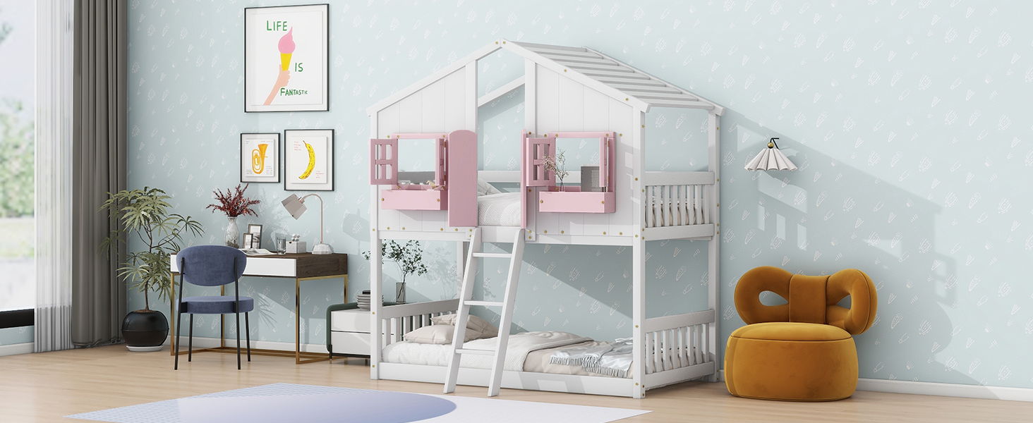 House Bunk Bed With Roof, Window, Window Box, Door, With Safety Guardrails And Ladder