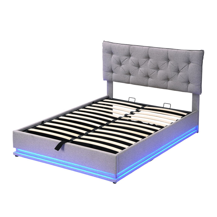 Upholstered Bed With Hydraulic Storage System And LED Light, Modern Platform Bed With Button-Tufted Design Headboard