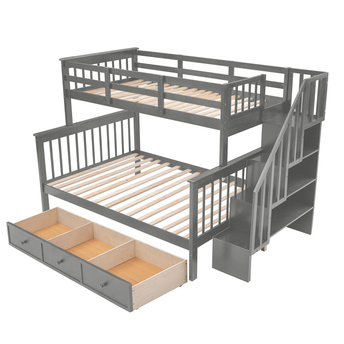 Twin Over Full Stairway Bunk Bed With Drawer, Storage And Guard Rail For Bedroom, Dorm, For Adults