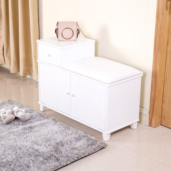 Shoe Storage Bench Cabinet With Fireproof PU Cushion, Double Doors And Movable Drawer For Door Entrance - White