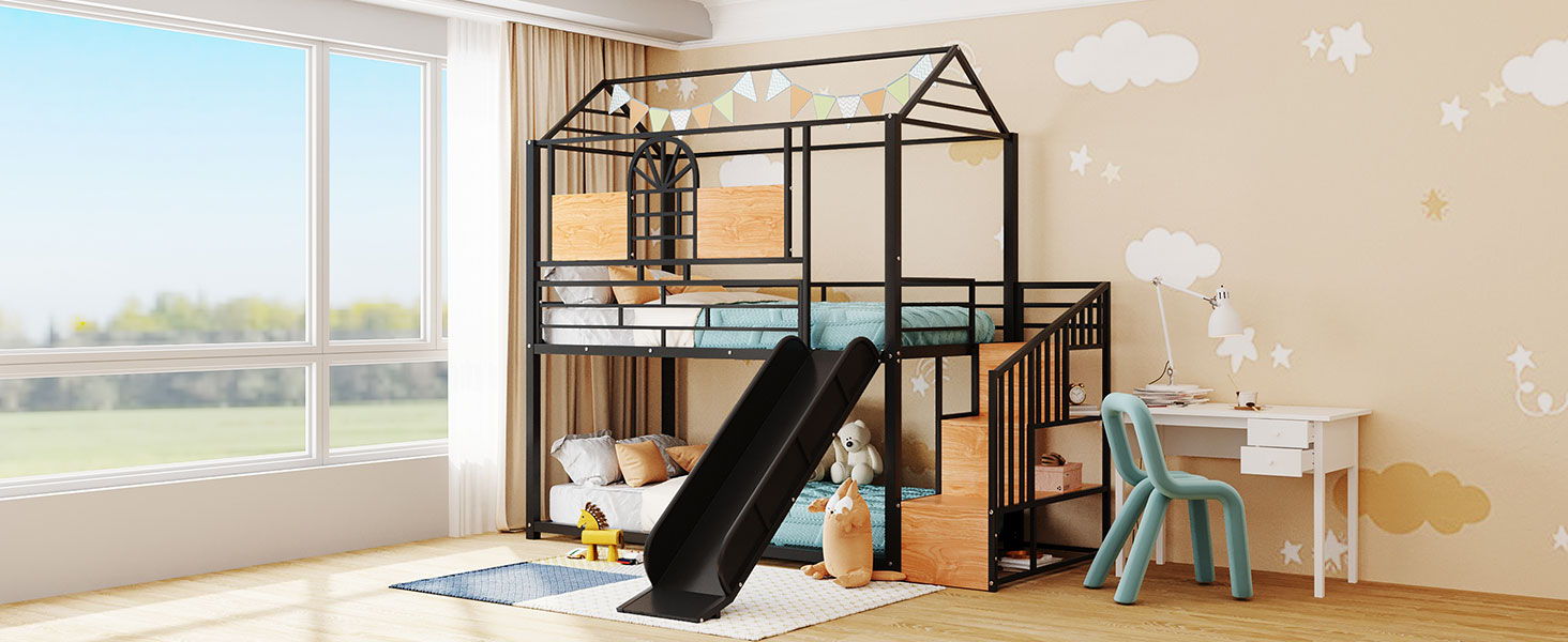 Metal Bunk Bed, Metal Housebed With Slide And Storage Stair