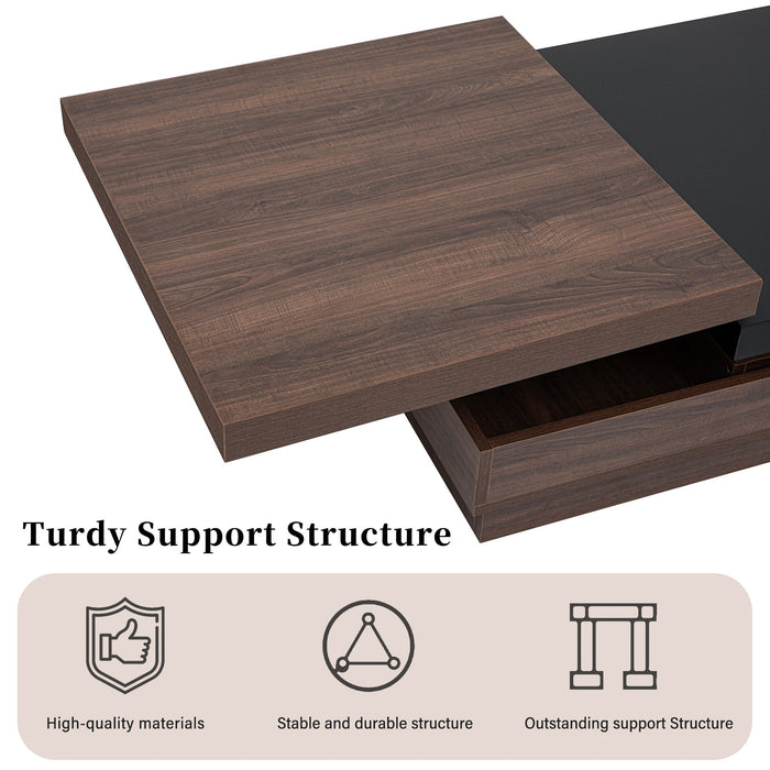 Rotatable Top Coffee Table, Modern Square Coffee Table With Wood Grain Design, 1 Hidden Storage Space For Living Room