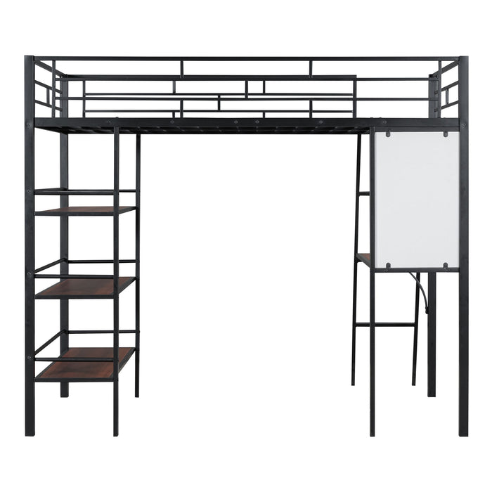 Loft Metal Bed With 3 Layers Of Shelves And Desk, Stylish Metal Frame Bed With Whiteboard