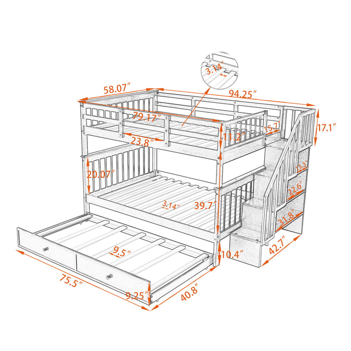 Stairway Bunk Bed With Twin Size Trundle, Storage And Guard Rail For Bedroom, Dorm