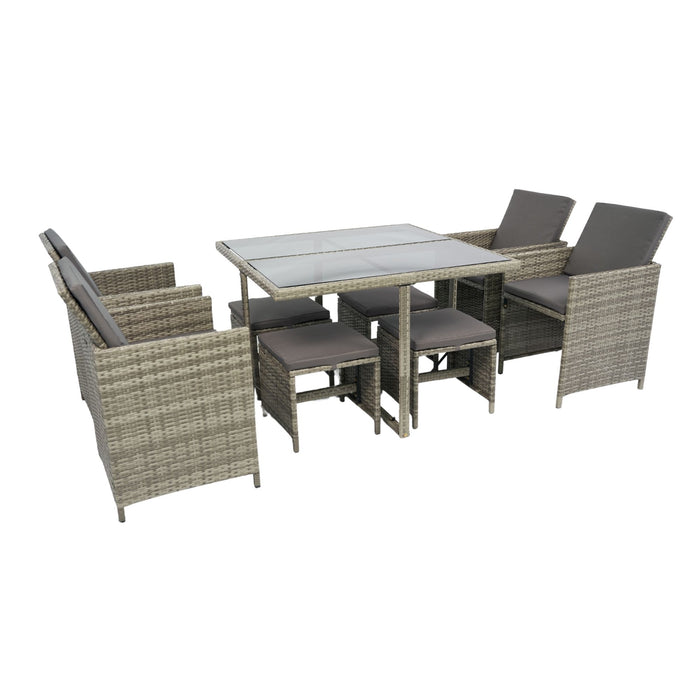 9 Pieces Patio Dining Sets Outdoor Space Saving Rattan Chairs With Glass Table Patio Furniture Sets Cushioned Seating And Back Sectional Conversation Set Wicker And Cushion - Gray