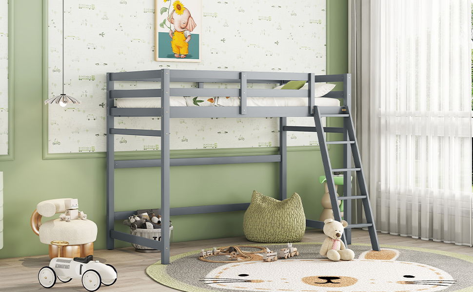 High Loft Bed With Inclined Ladder, Guardrails