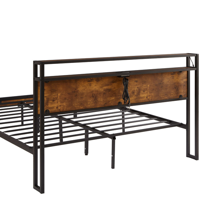 King Size Metal Platform Bed Frame With Wooden Headboard And Footboard With USB Liner, LED Lights, No Box Spring Needed, Large Under Bed Storage - Brown