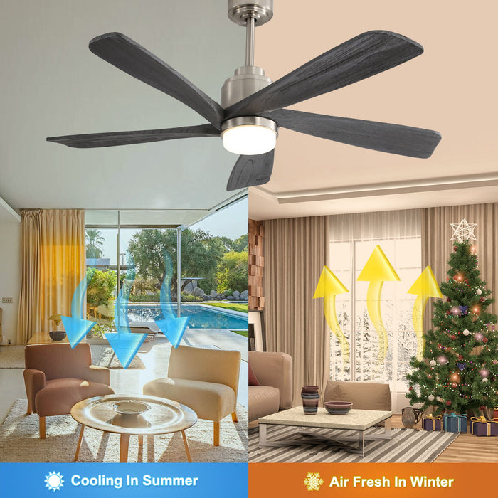 Modern Ceiling Fan With Dimmable LED Light 5 Solid Wood Blades Remote Control Reversible Dc Motor With Smart App Control - Nickel