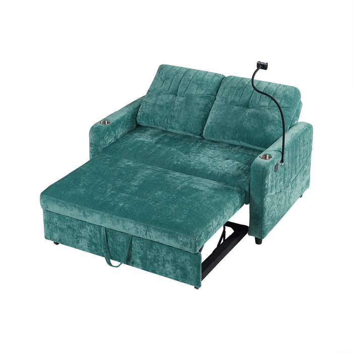 Modern Loveseat Pull Out Sofa Bed With Adjustable Backrest, Two Cup Holders, A Phone Holder, Three Charging Ports And Side Storage Pockets For Living Room